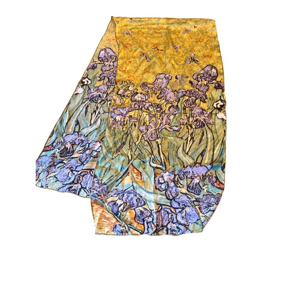 Van Gogh Inspired Silk Scarf With Irises Pattern Rolled Hem - Picture 3 of 3